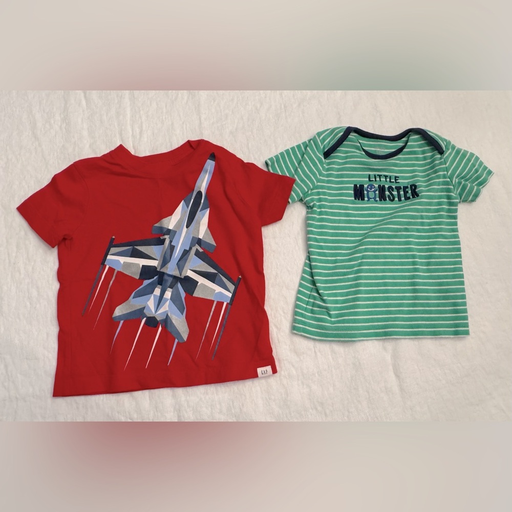 Red Airplane Graphic Tee & Green “Little Monster”Tee - 12-18m